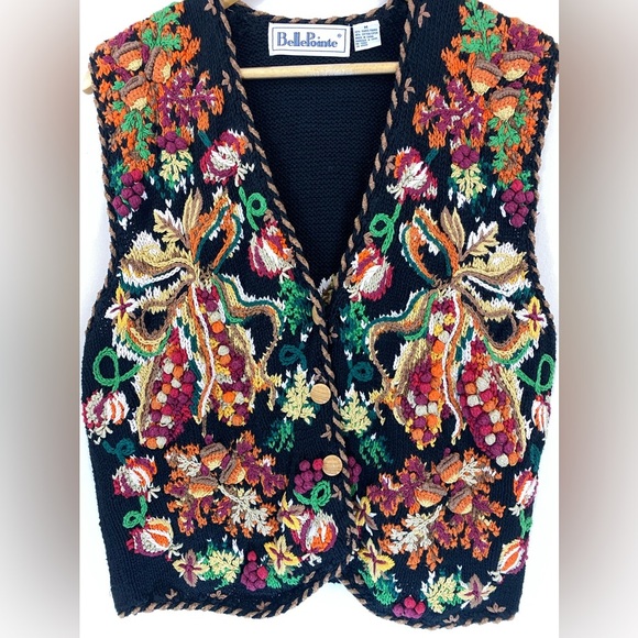 Vintage Bellepointe Hand-Knit Embroidered Sleeveless Cardigan Sweater Vest Sz M - Picture 3 of 6
